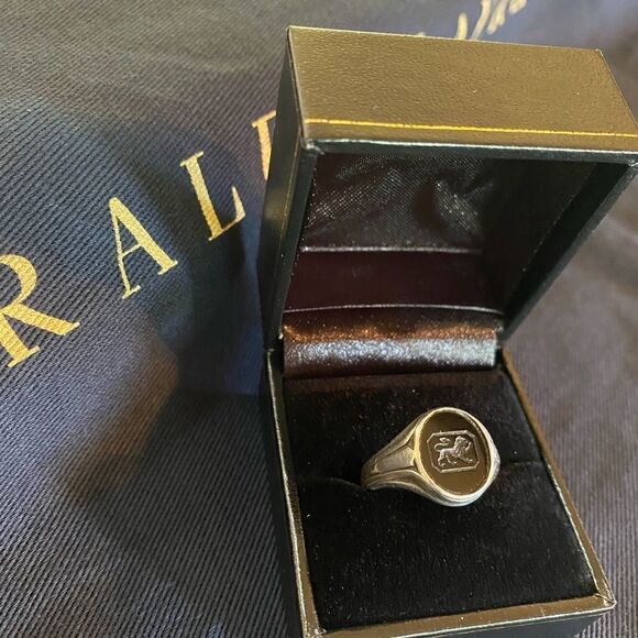 Ralph Lauren 925 Sterling Silver Onyx Lion Intaglio Signet Ring - Picture 14 of 16